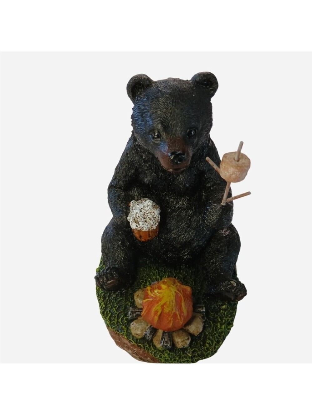 Black Bear Sitting By Campfire Roasting Marshmallow Resin Statue Cabin Decor